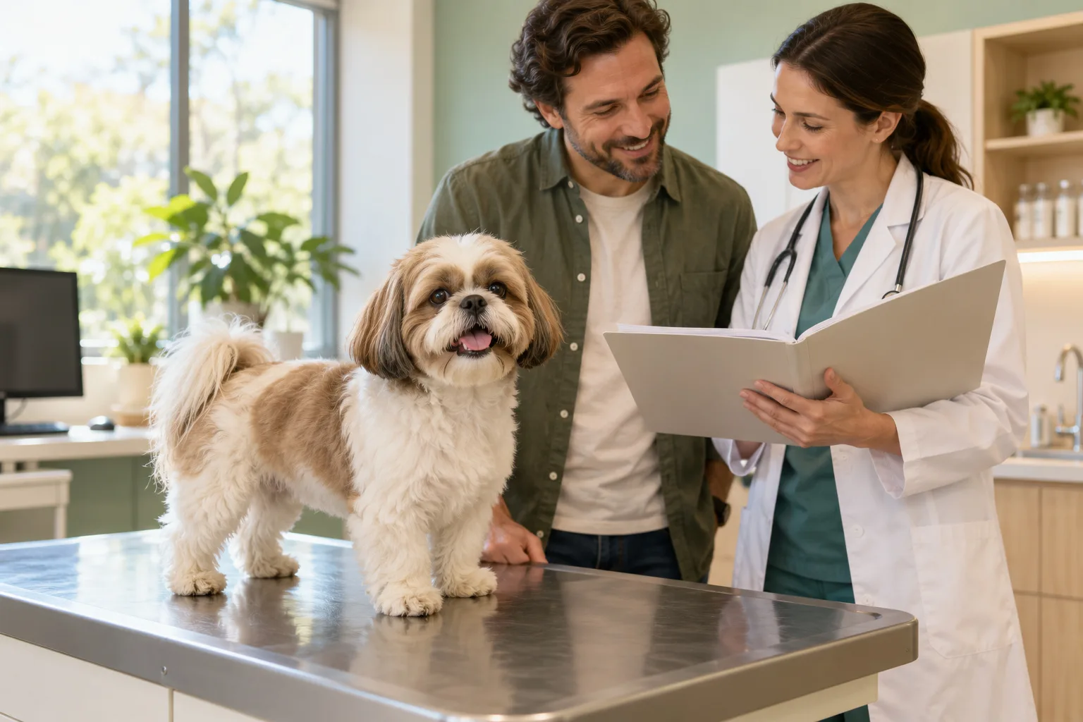 Two owners reading a veterinary document with a small dog and clinician